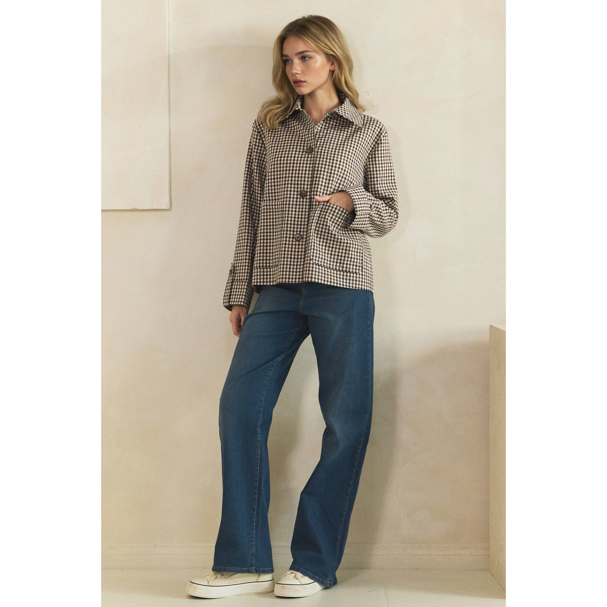 Navy Check Button-Front Jacket