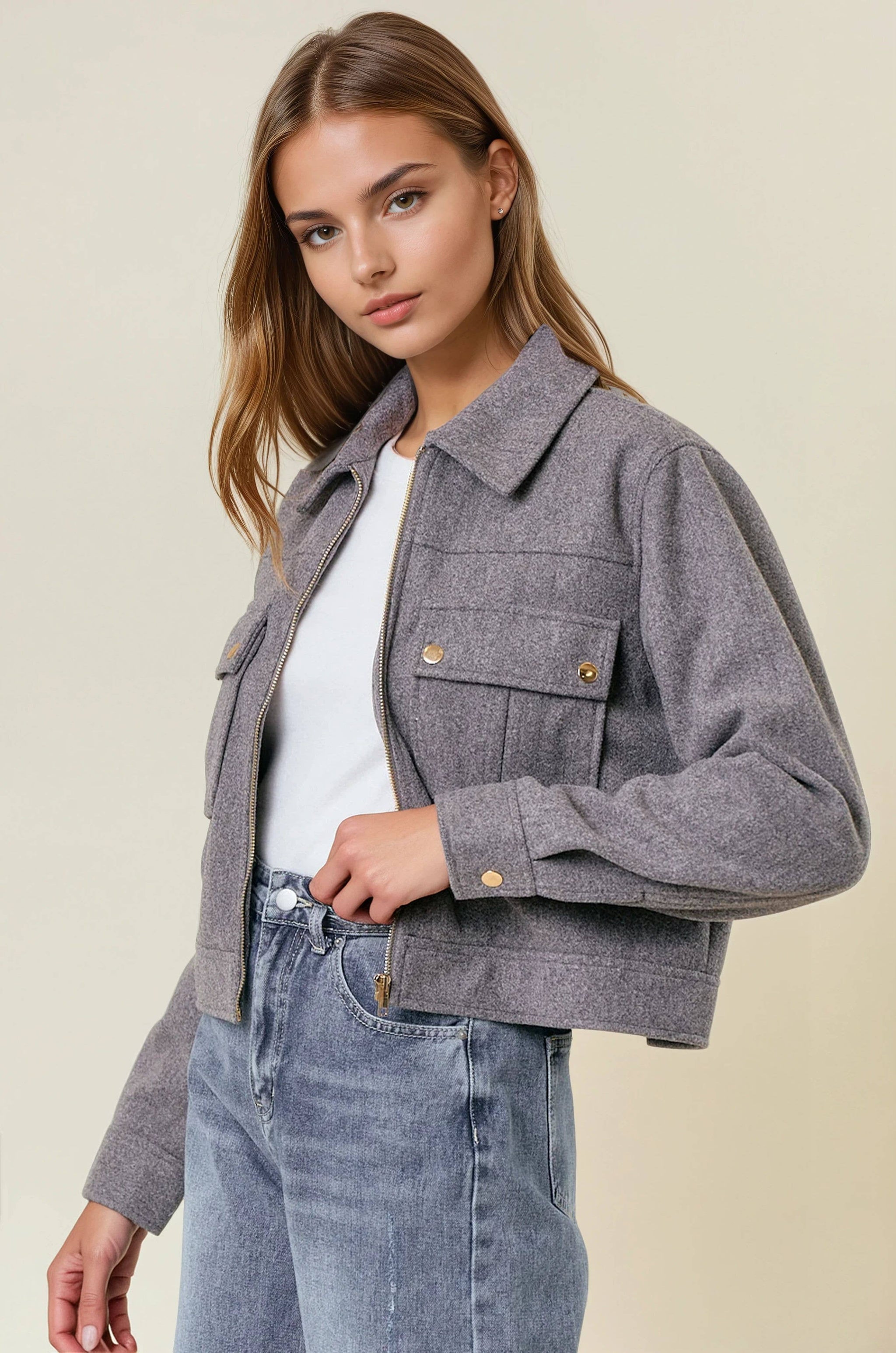Charcoal Zip Front Utility Crop Jacket