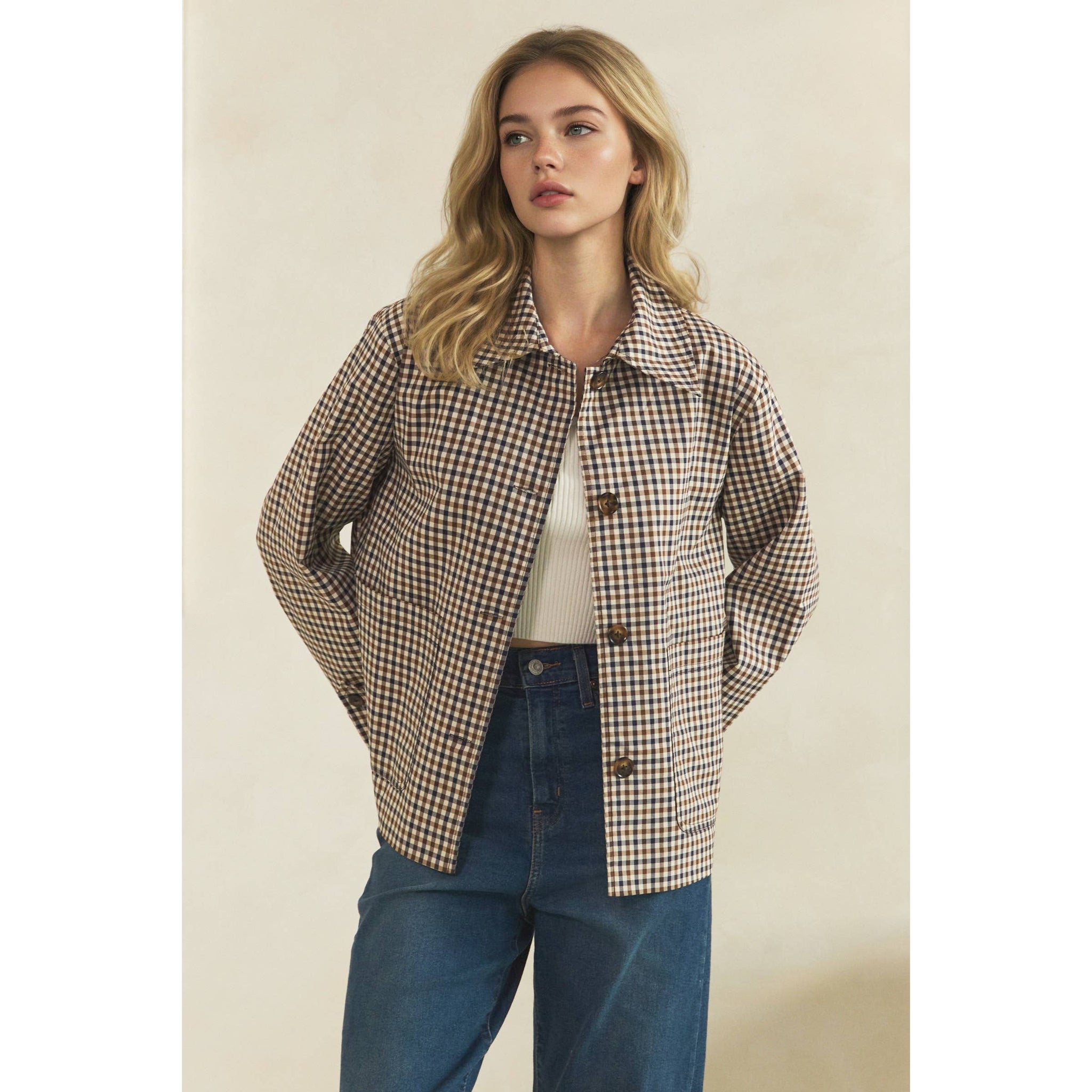 Navy Check Button-Front Jacket