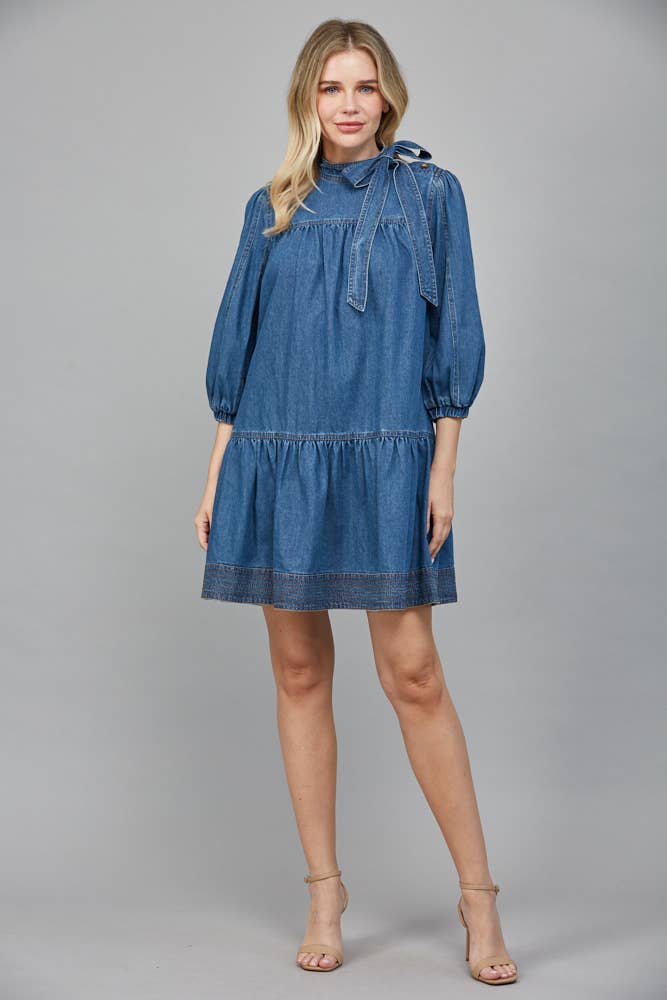 Contrasting Stitch Bow Tie Denim Dress | Maria Vincent Boutique