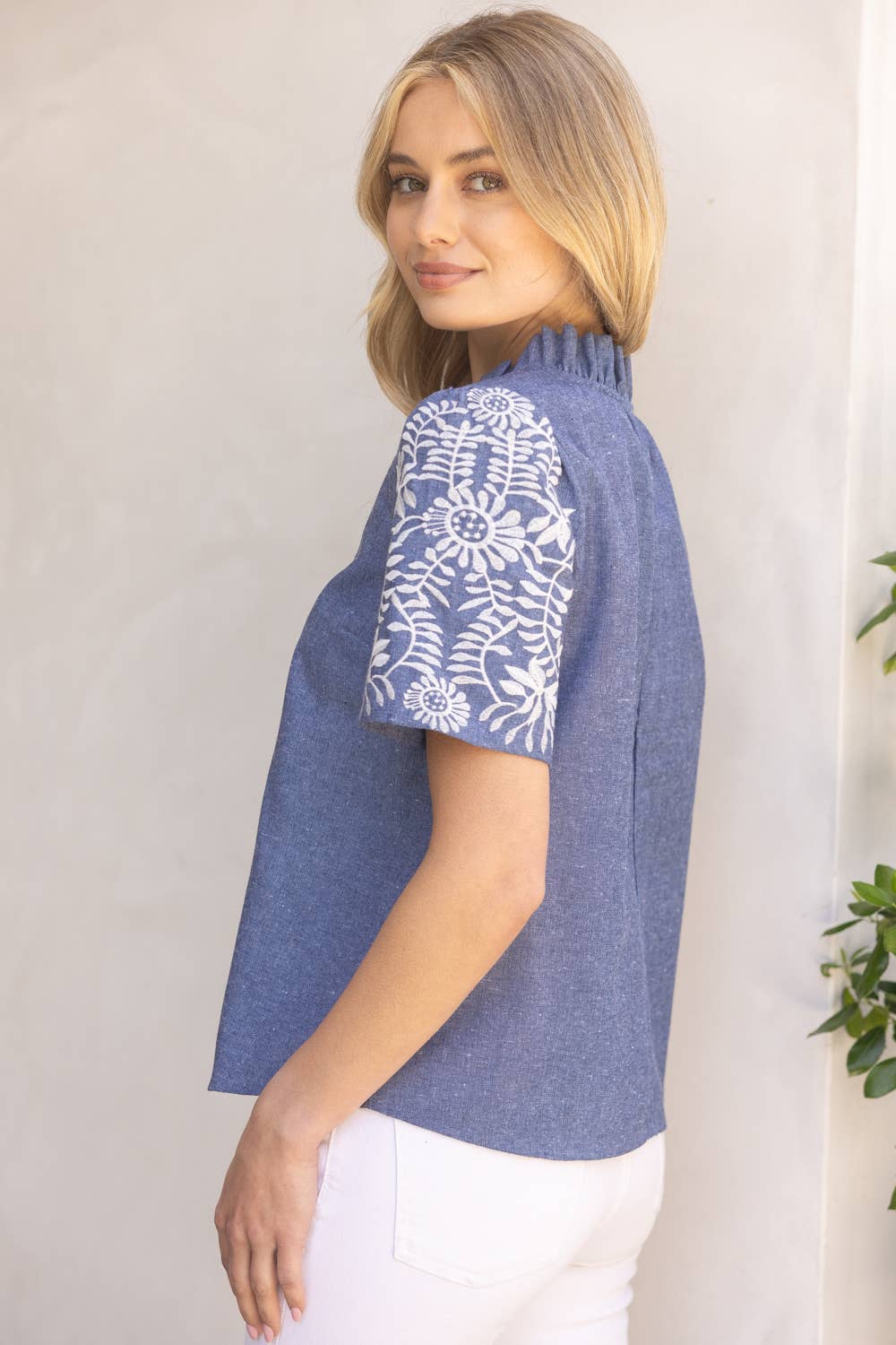 Chambray Floral Embroidered Sleeve Top
