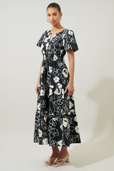 Black Cream Floral Poplin Tiered Maxi Dress
