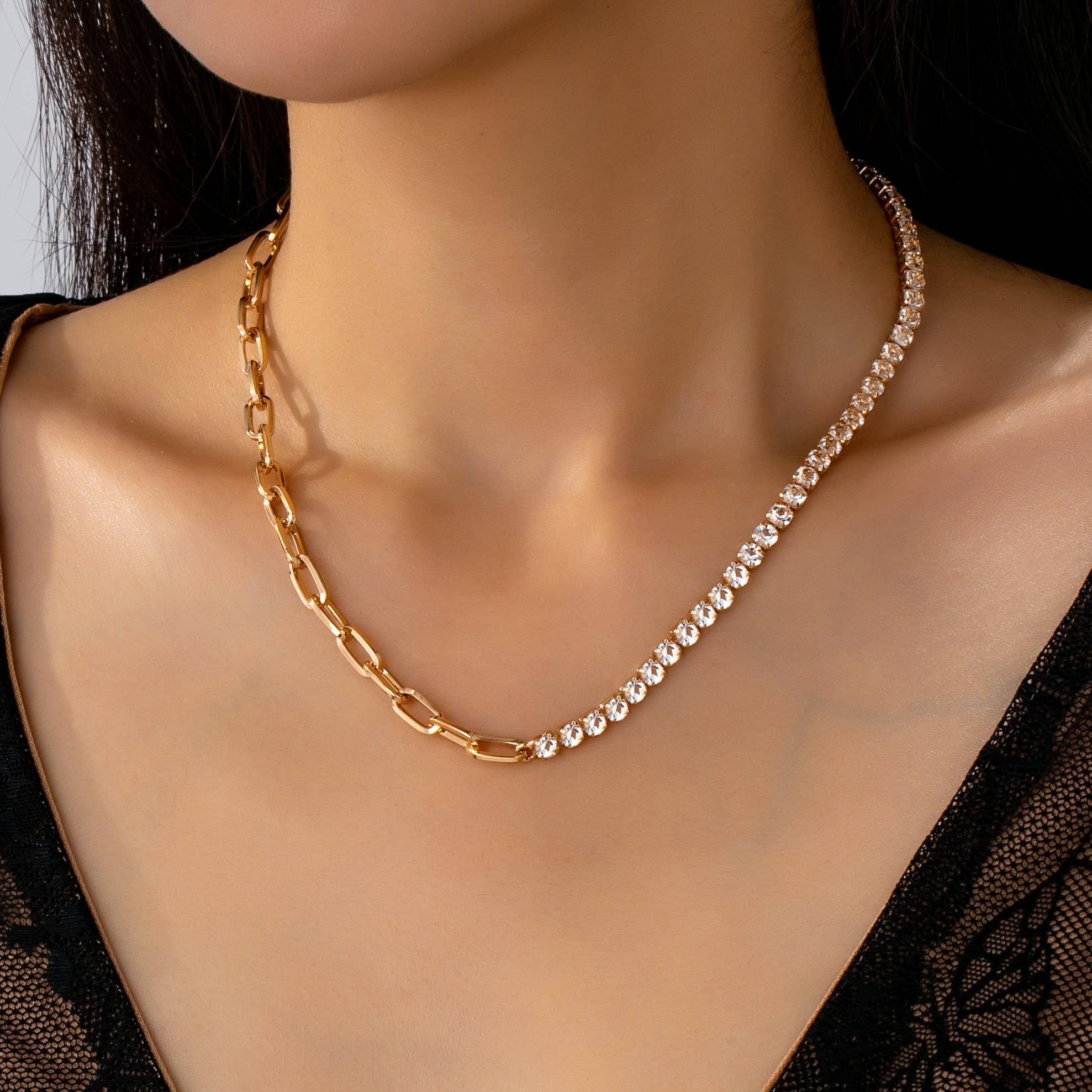 Dual Style Rhinestone & Link Chain Necklace