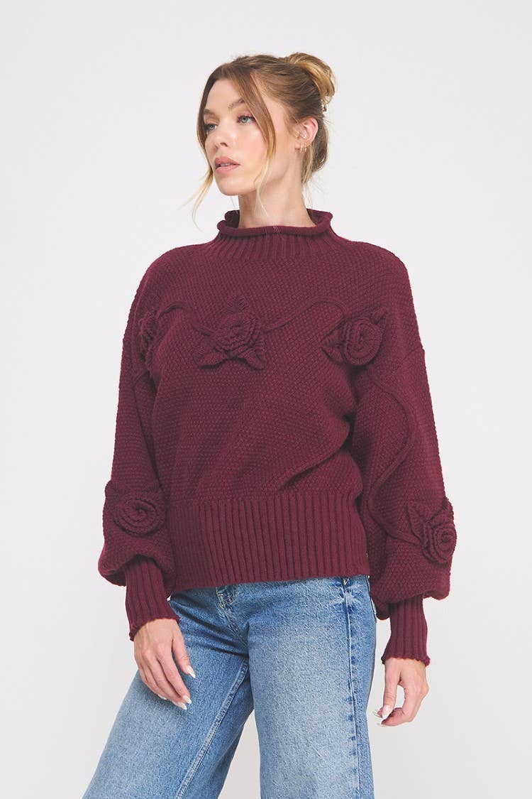 Burgundy Floral Embroidered Sweater