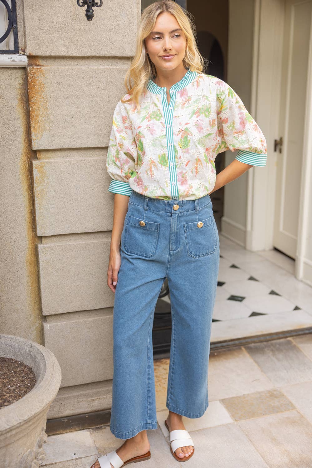 Green Floral Embroidered Stripe Contrast Button-Down Top