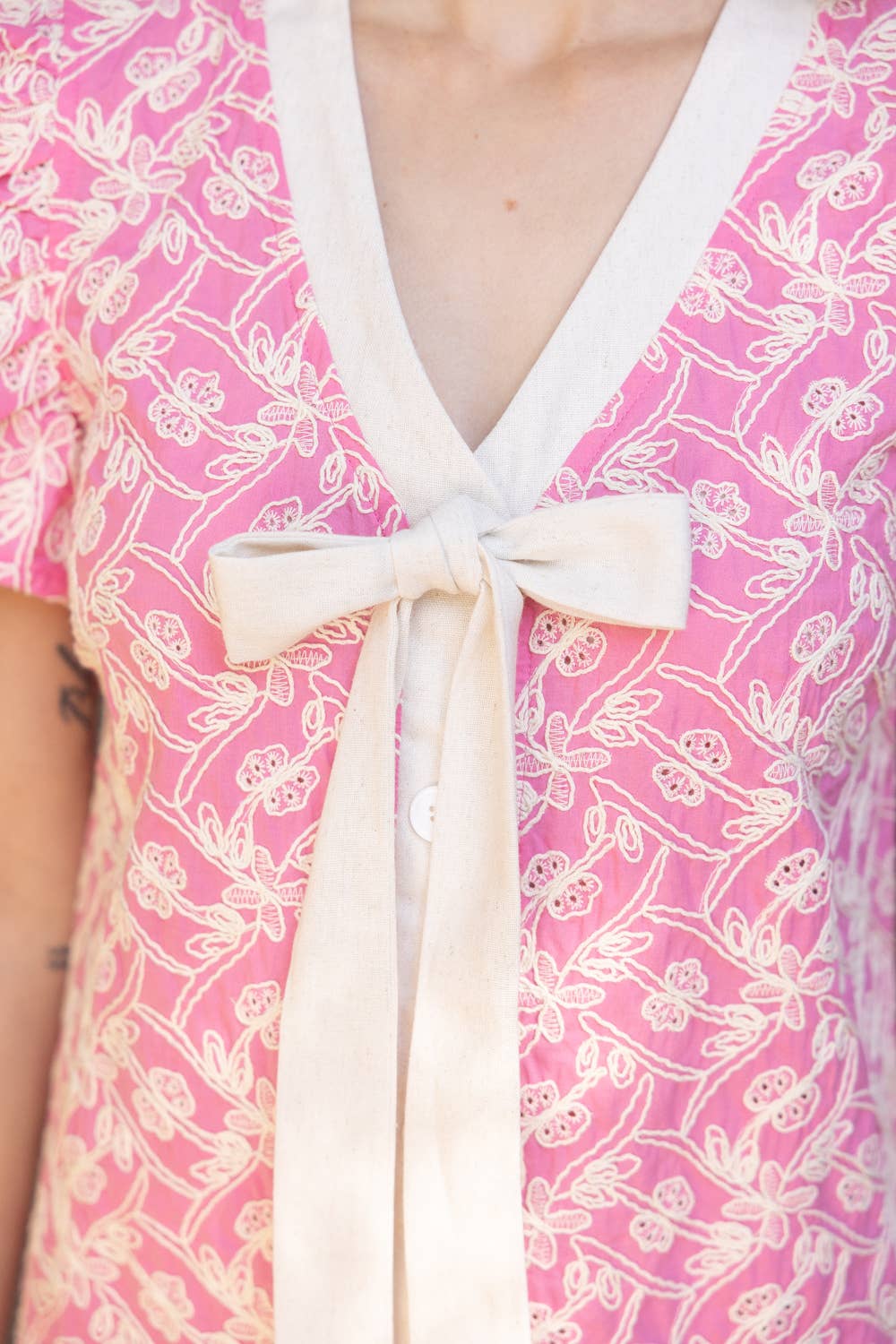 Pink Cream Embroidered Ruffle Sleeve Dress