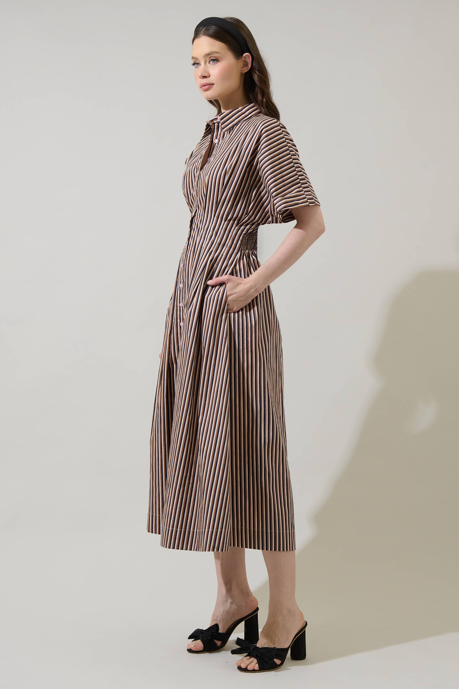 Brown Multi Striped Pleated Cotton Midi Dress with Pockets