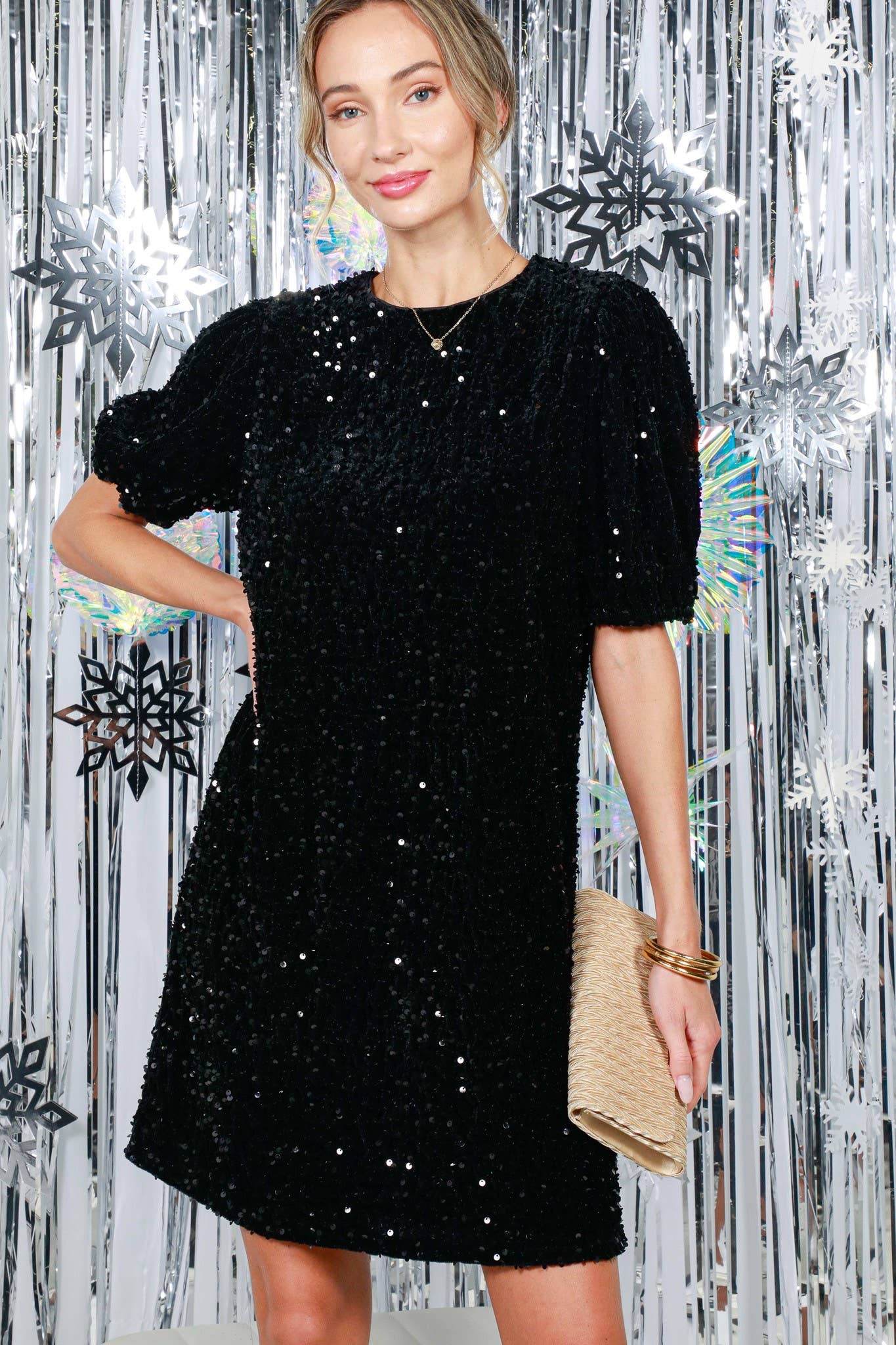 Black Velvet Sequin Accent Knee Dress