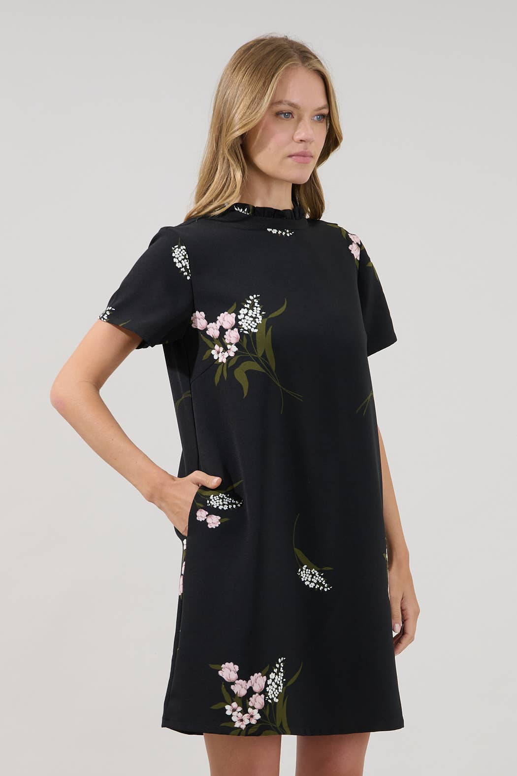 Black Floral Ruffle Neck Shift Mini Dress with Pockets