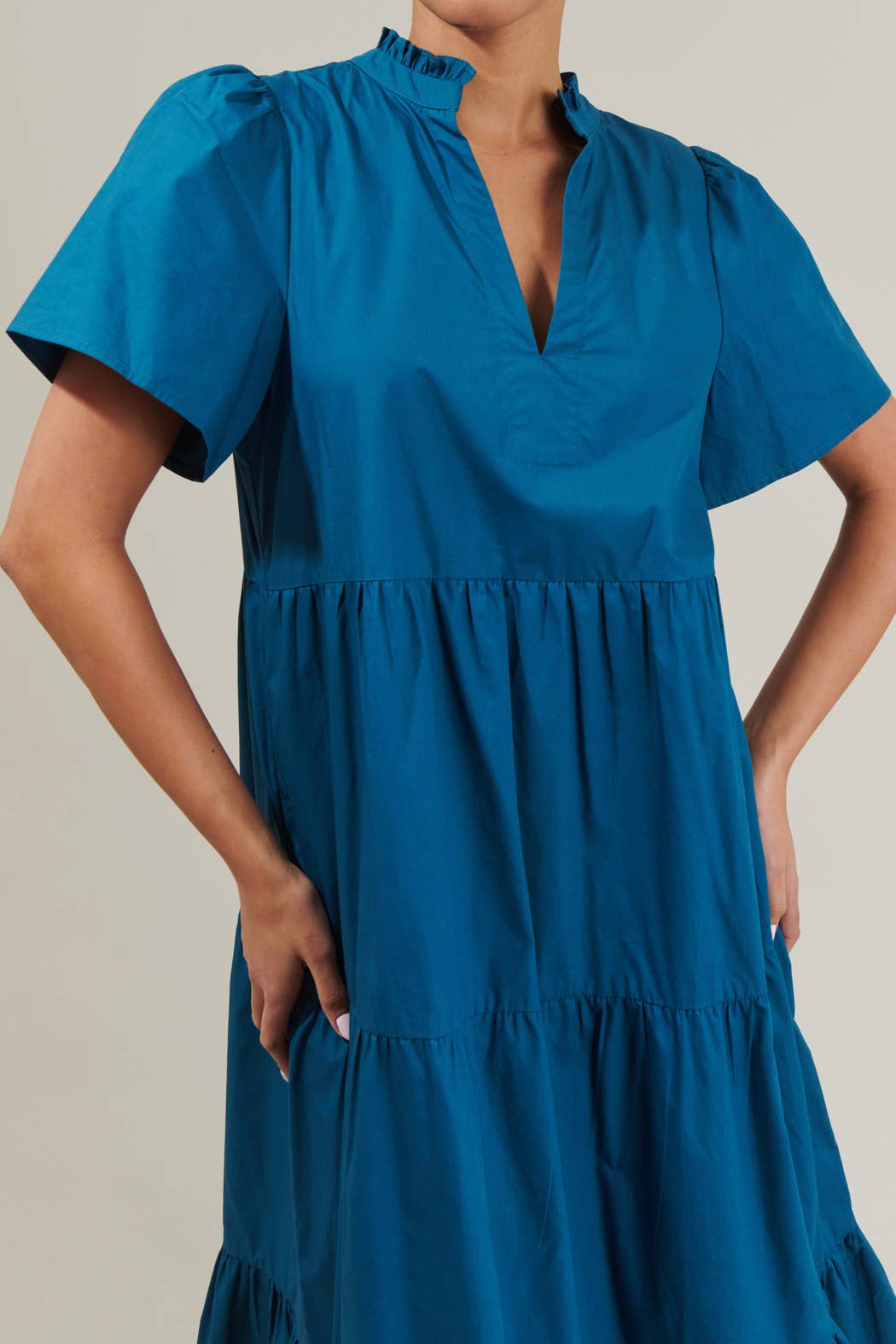 Teal Cotton Tiered Midi Dress with Pockets