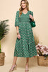 Green Print Smocked Midi Dress