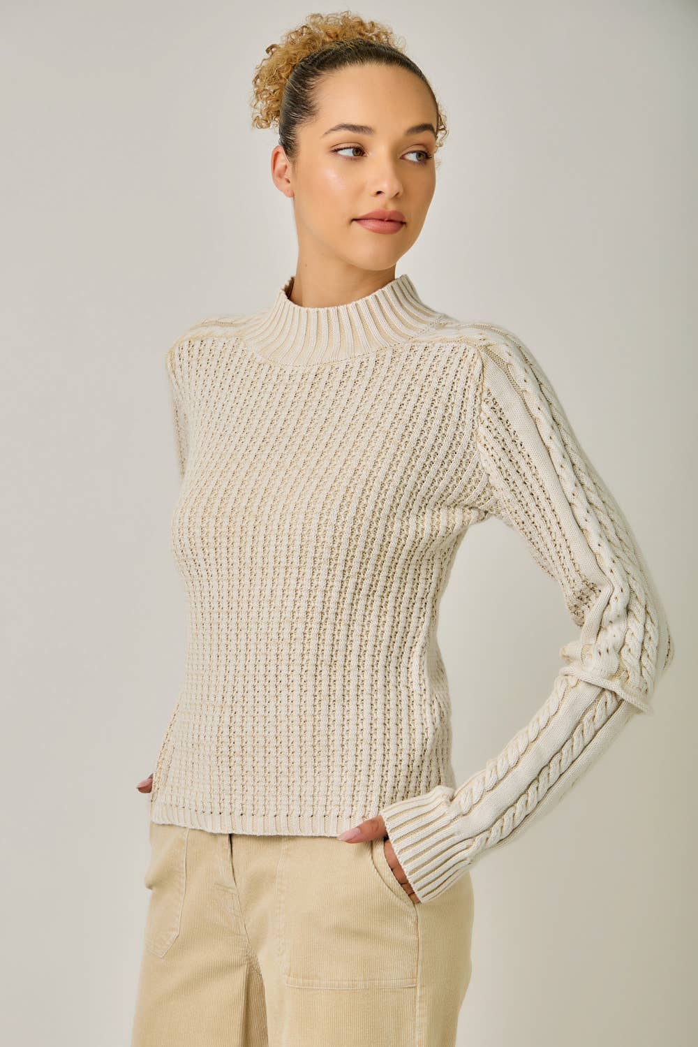 Washed Cable Knit Mock Neck Sweater