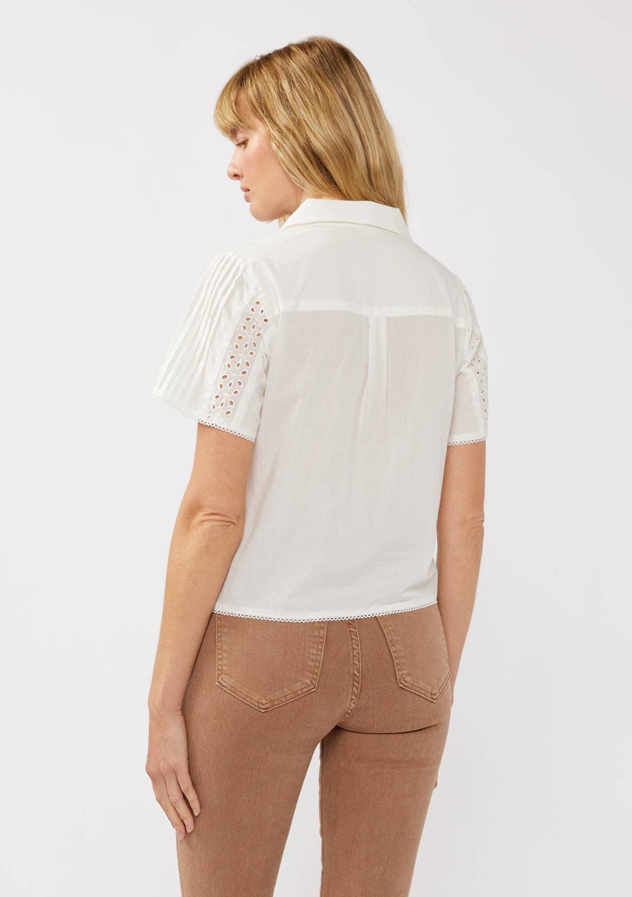 White Floral Eyelet Lace-Trim Cotton Shirt