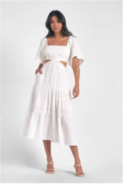 Elan White Short Sleeve Cut Out Midi Dress