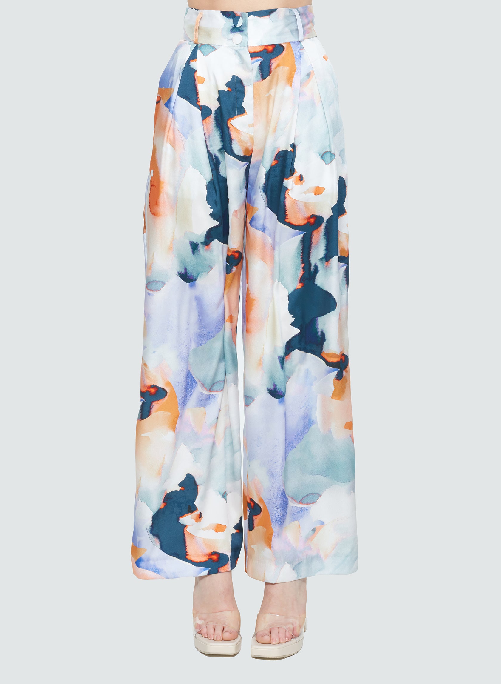 Black Tape Blue Watercolor Pleated Wide Leg Pant