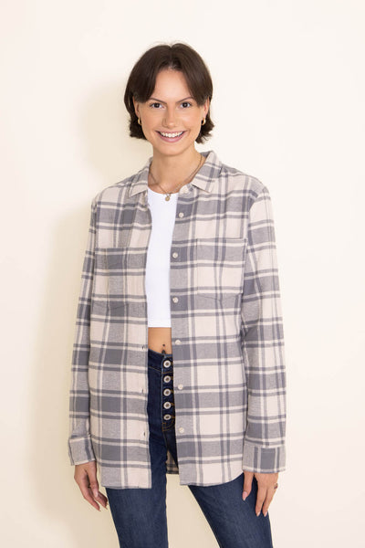 Thread & Supply Grey Cream Plaid Button Down Top
