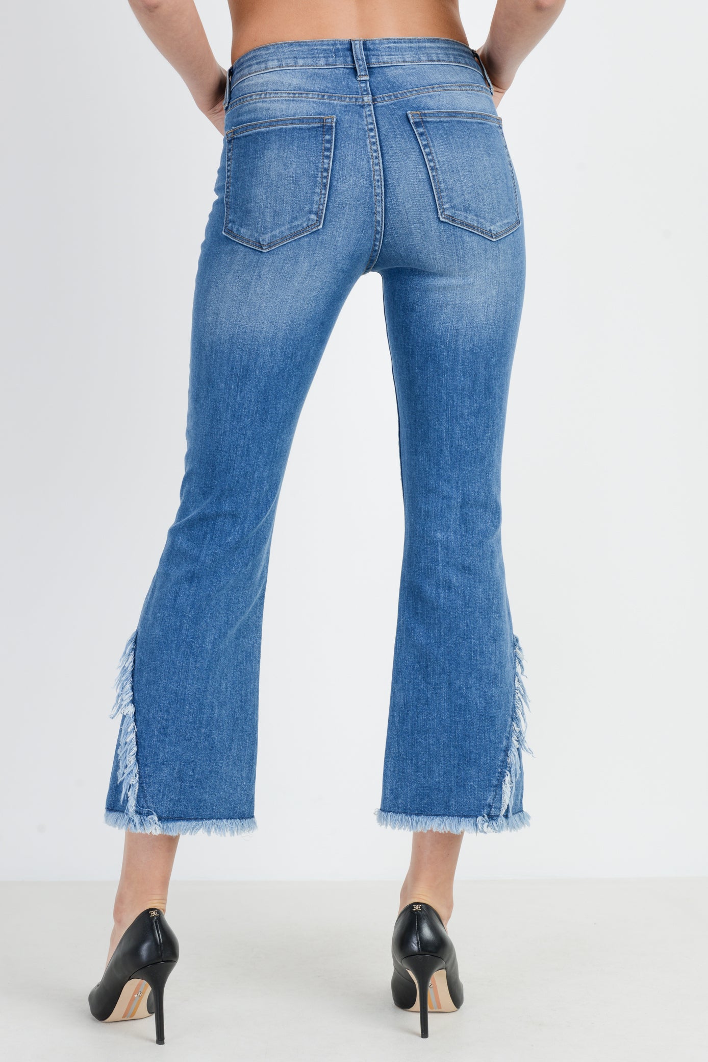 High Rise Crop Flare Jeans with Crossed Fray Hem