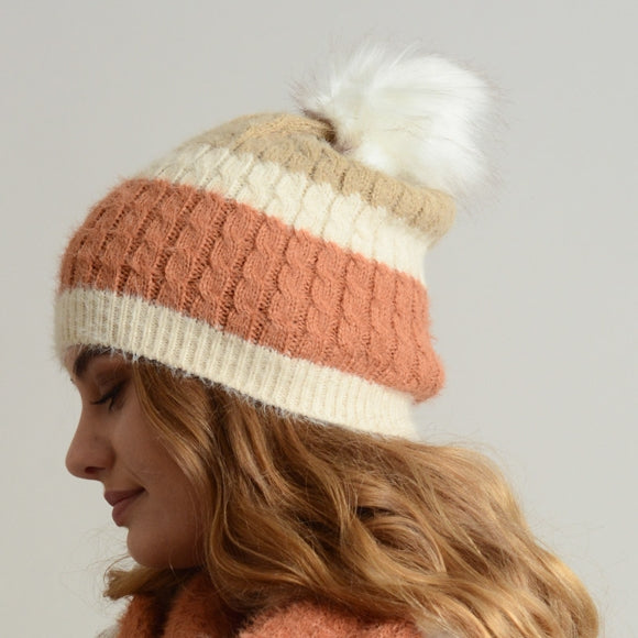 Rust Ivory Striped Mohair Cable Knit Pom Beanie