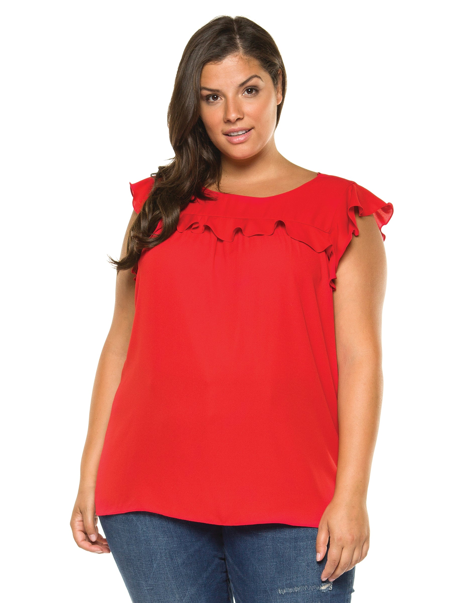 Plus Size Ruffled Cap Sleeve Red Blouse