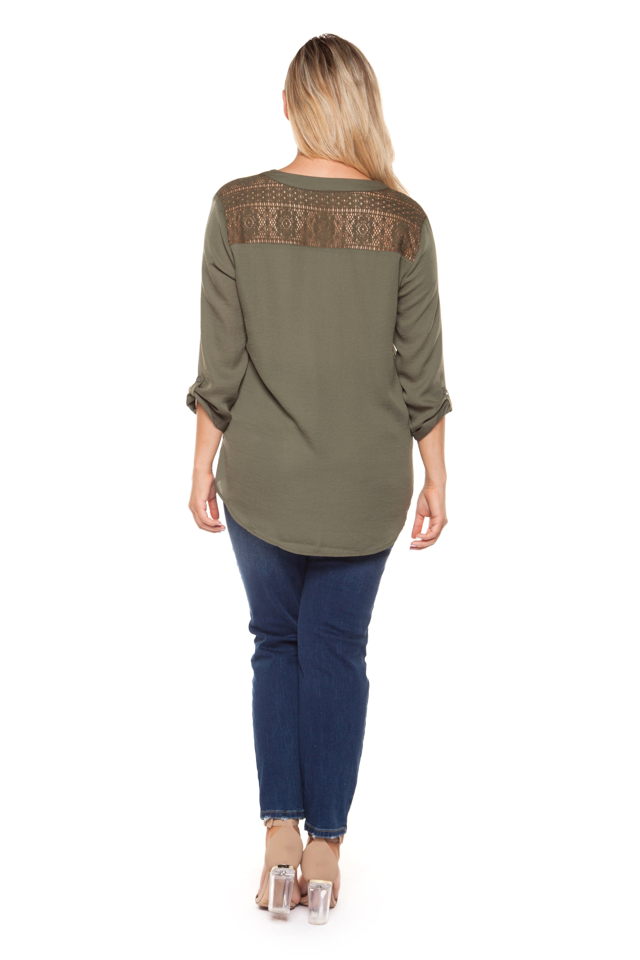 Plus Size Olive Green Three Quarter Sleeve V-Neck Top