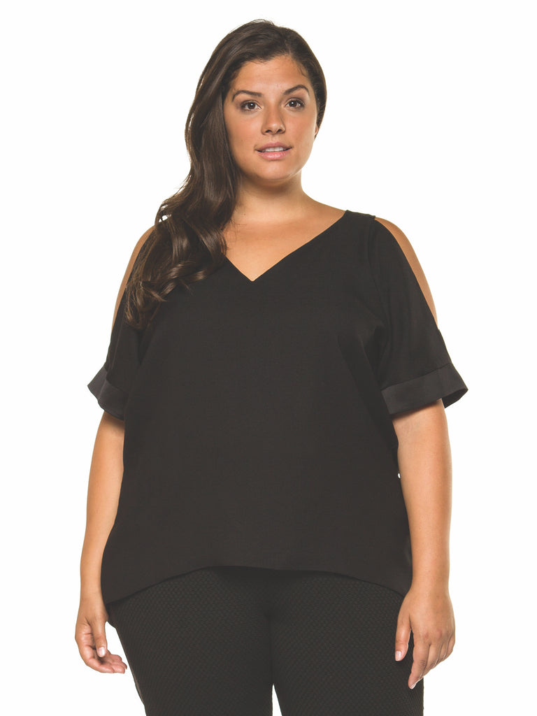 Plus Size Black Cold Shoulder V-Neck Top