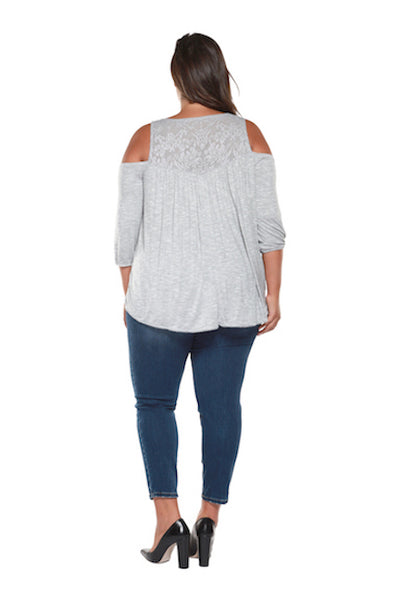 Plus Size Light Grey Long Sleeve Cold Shoulder Top