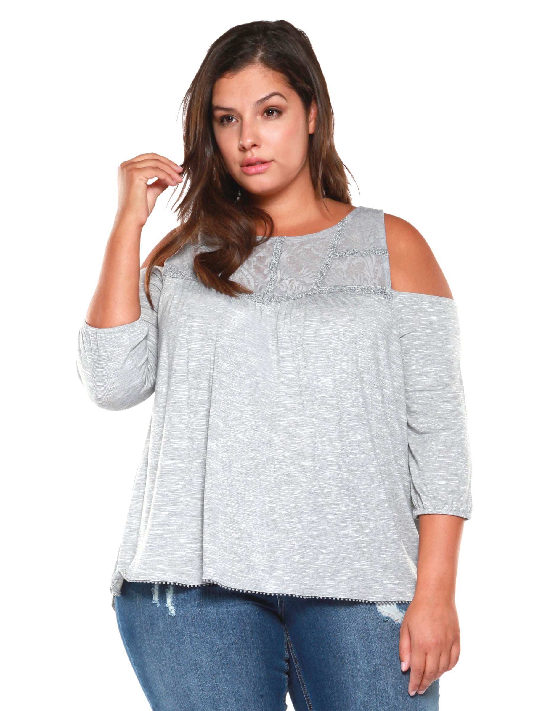 Plus Size Light Grey Long Sleeve Cold Shoulder Top – Maria Vincent