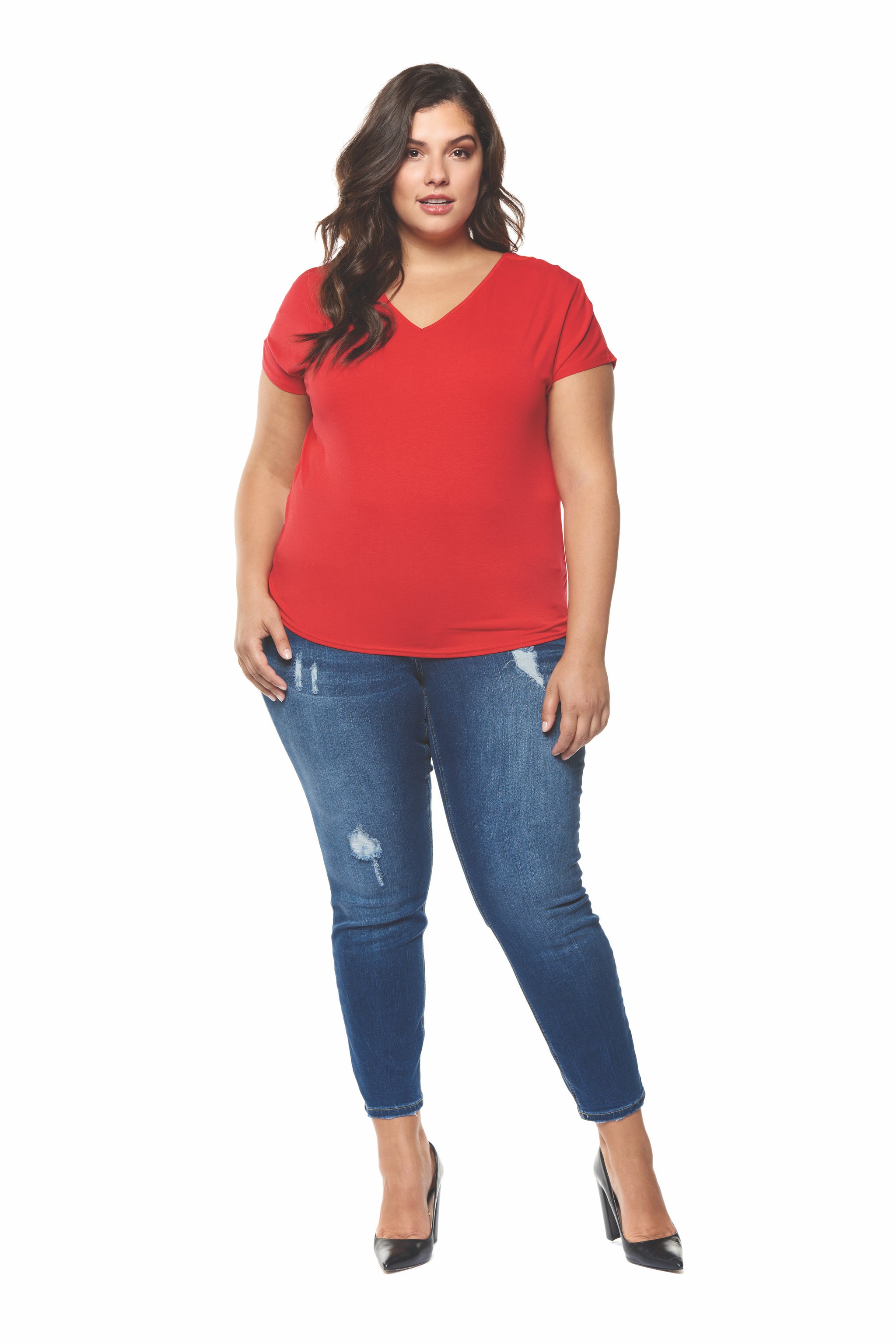 Plus Size Red Short Sleeve V-Neck BackTop
