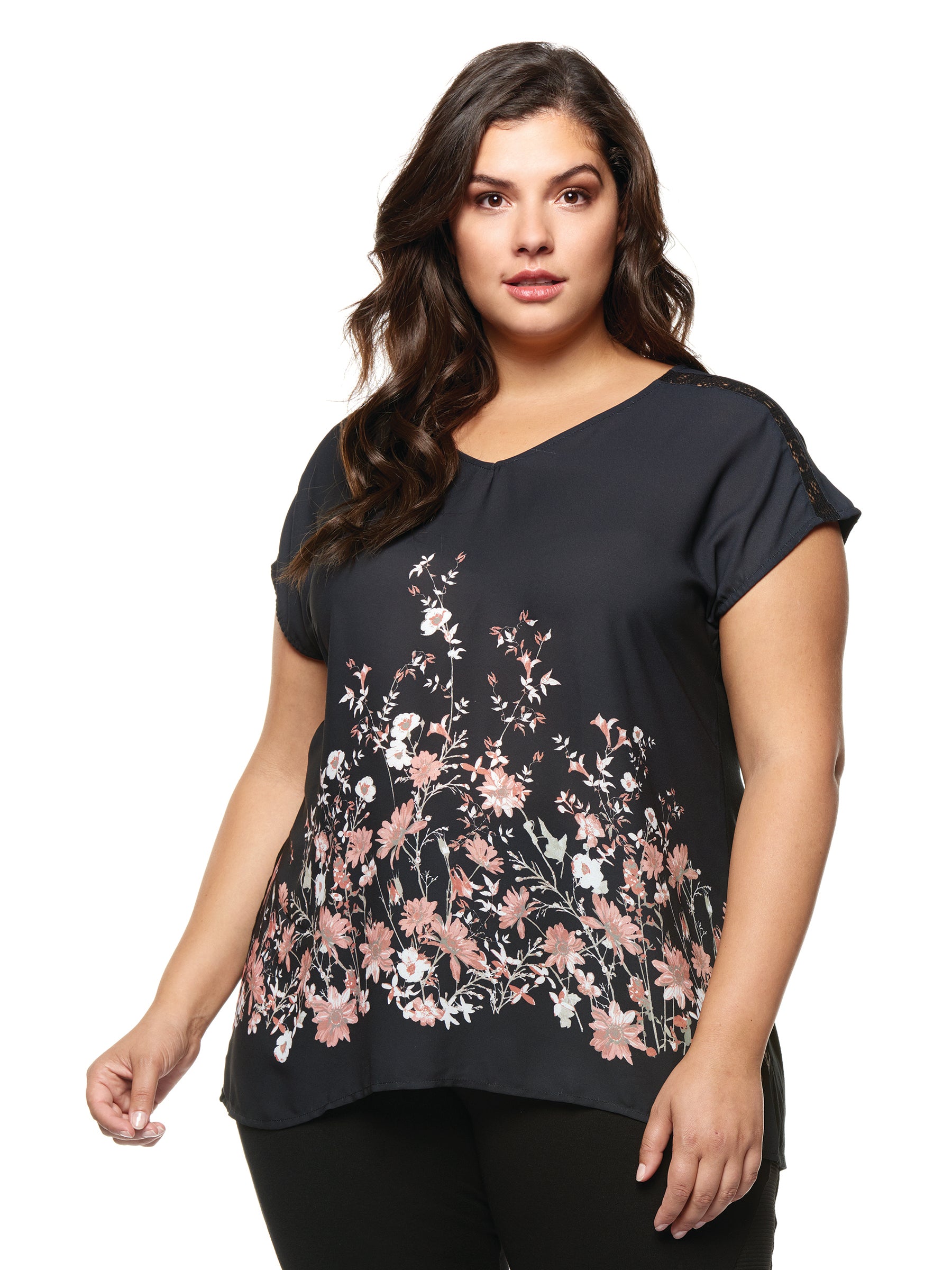 Plus Size Short Sleeve Black Floral Top