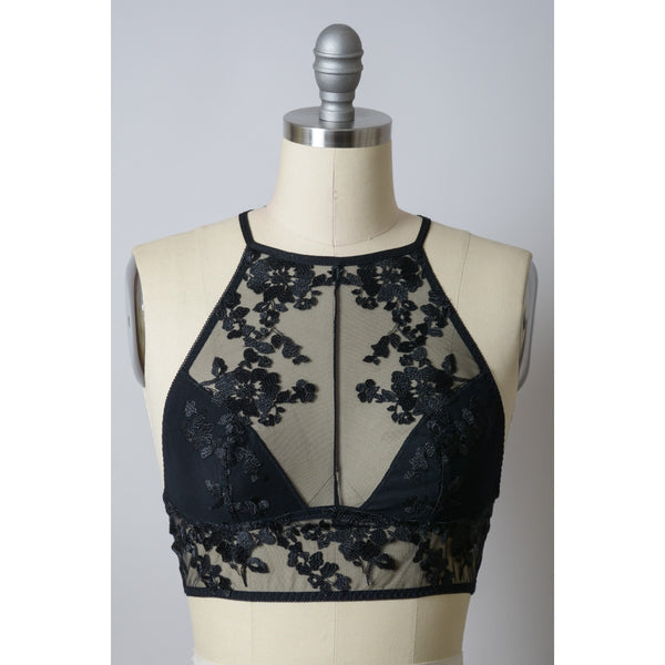 Black Embroidered Flower Sheer High Neck Bralette