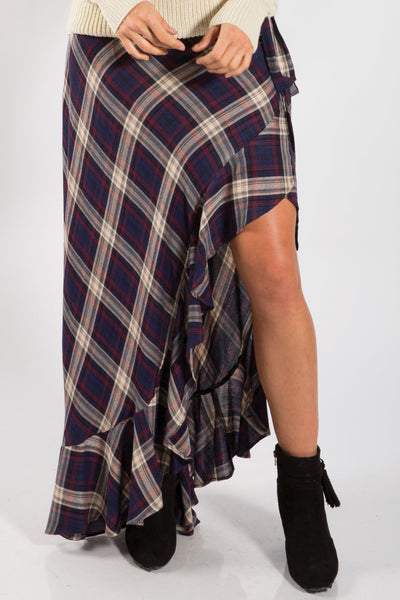 Navy Plaid Ruffled Wrap Skirt