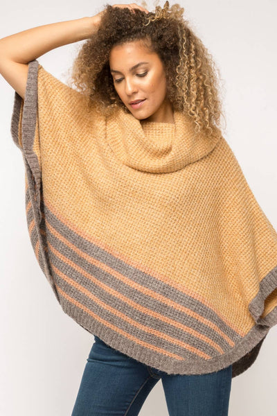 Turtle Neck Poncho in Mustard with Grey/Rust Stripes
