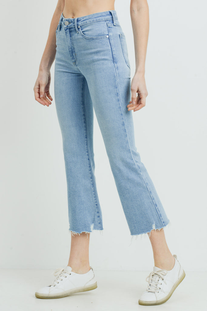 High Rise Crop Flare Distressed Hem in Light Denim