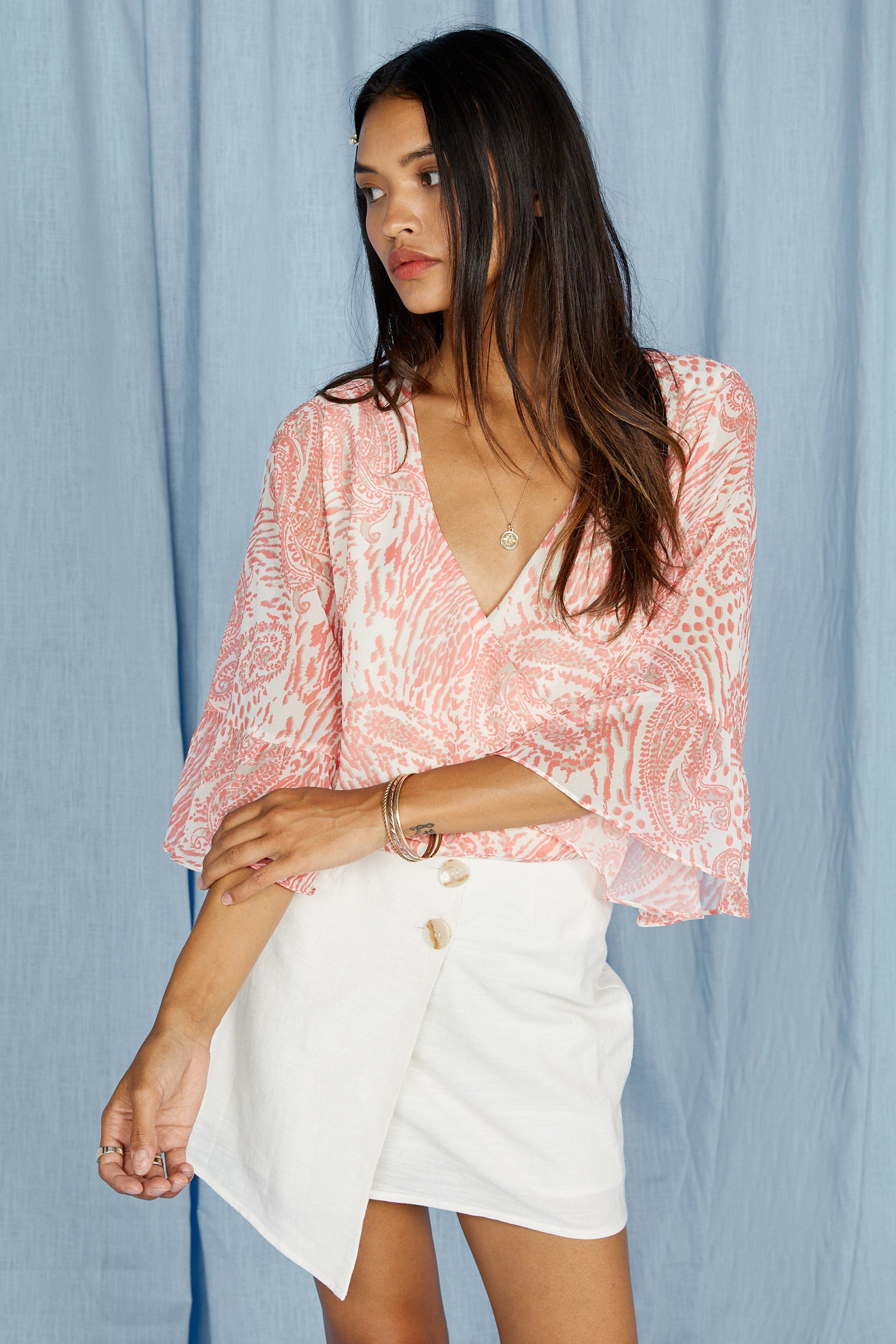 Coral and White Desert House Wrap Blouse
