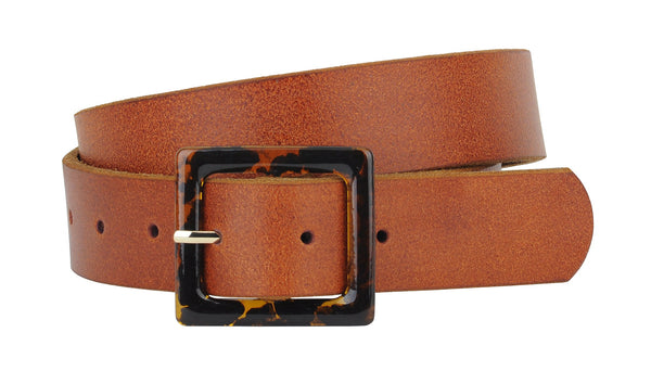 Leather Belt with Square Resin Tortoise Buckle