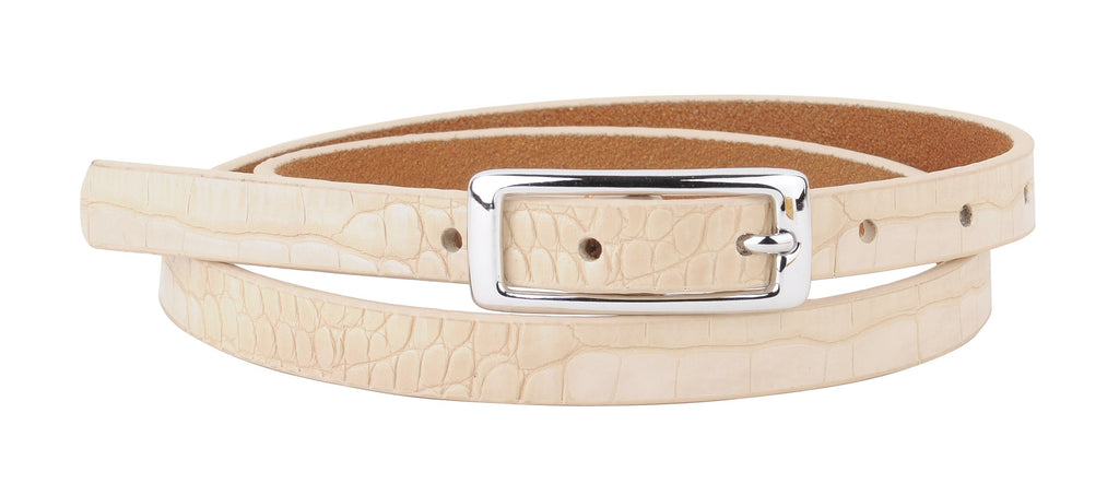 Skinny Leather Croc Belt with Silver Buckle