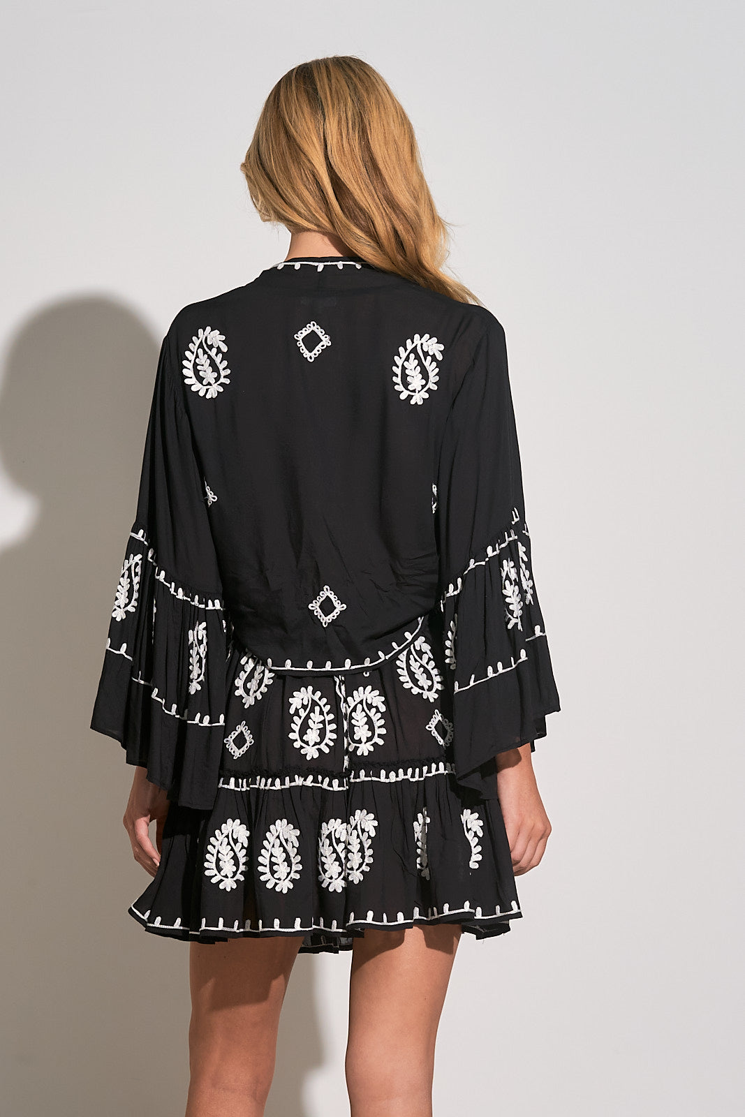 Elan Black White Embroidered Bell Sleeve Top