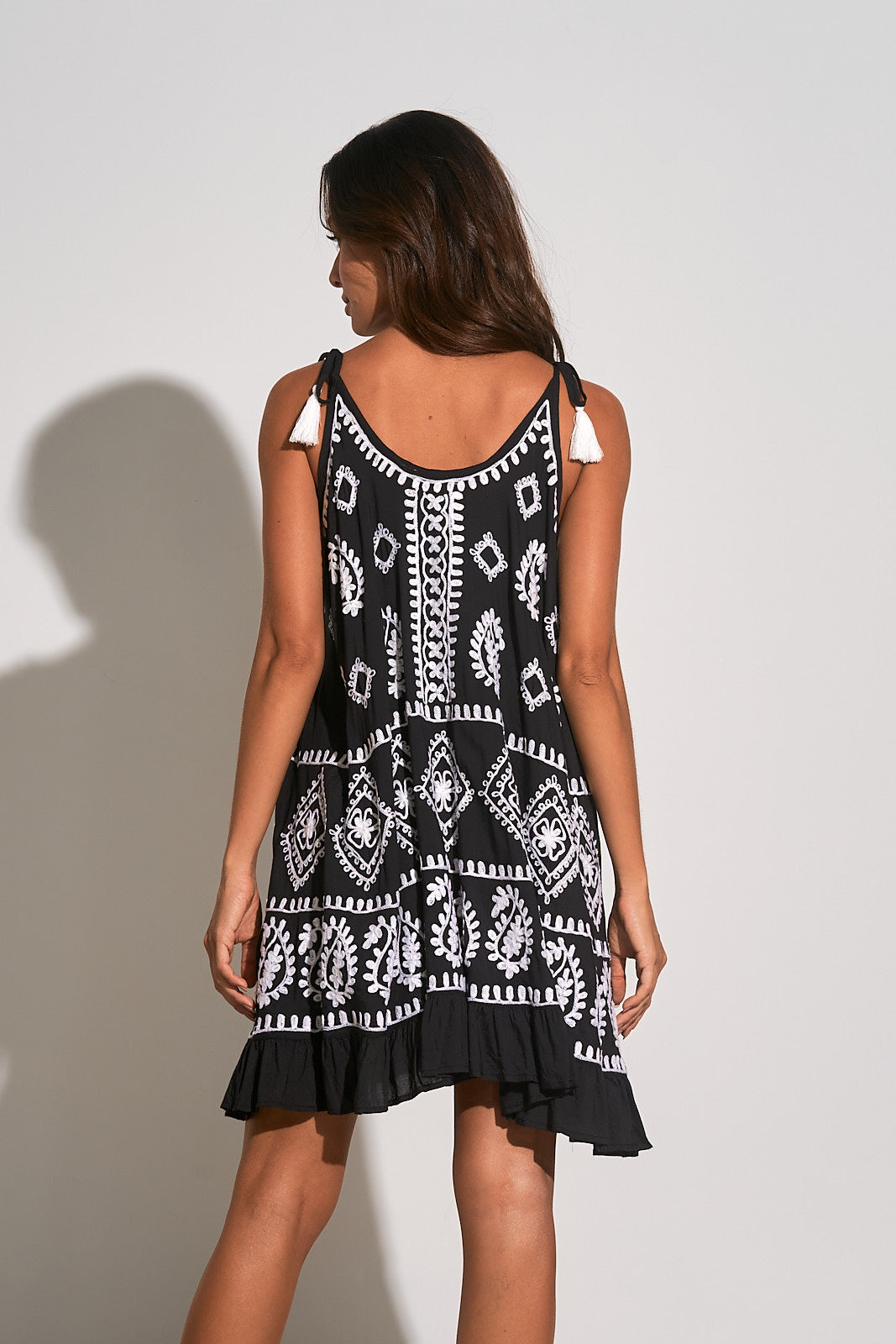 Elan Black White Embroidered Spaghetti Strap Mini Dress