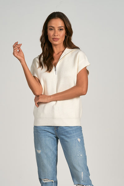 Elan Off White Short Sleeve Quarter Zip Sweater