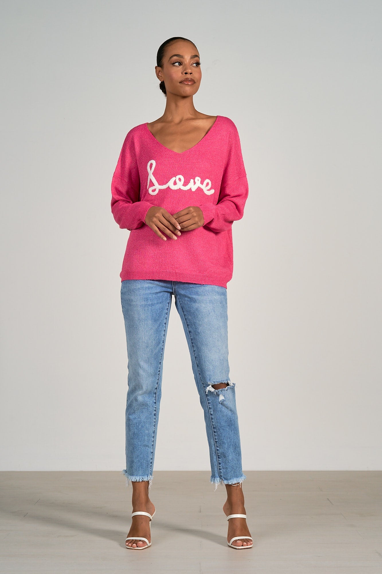Elan Fuchsia V-Neck "LOVE" Sweater
