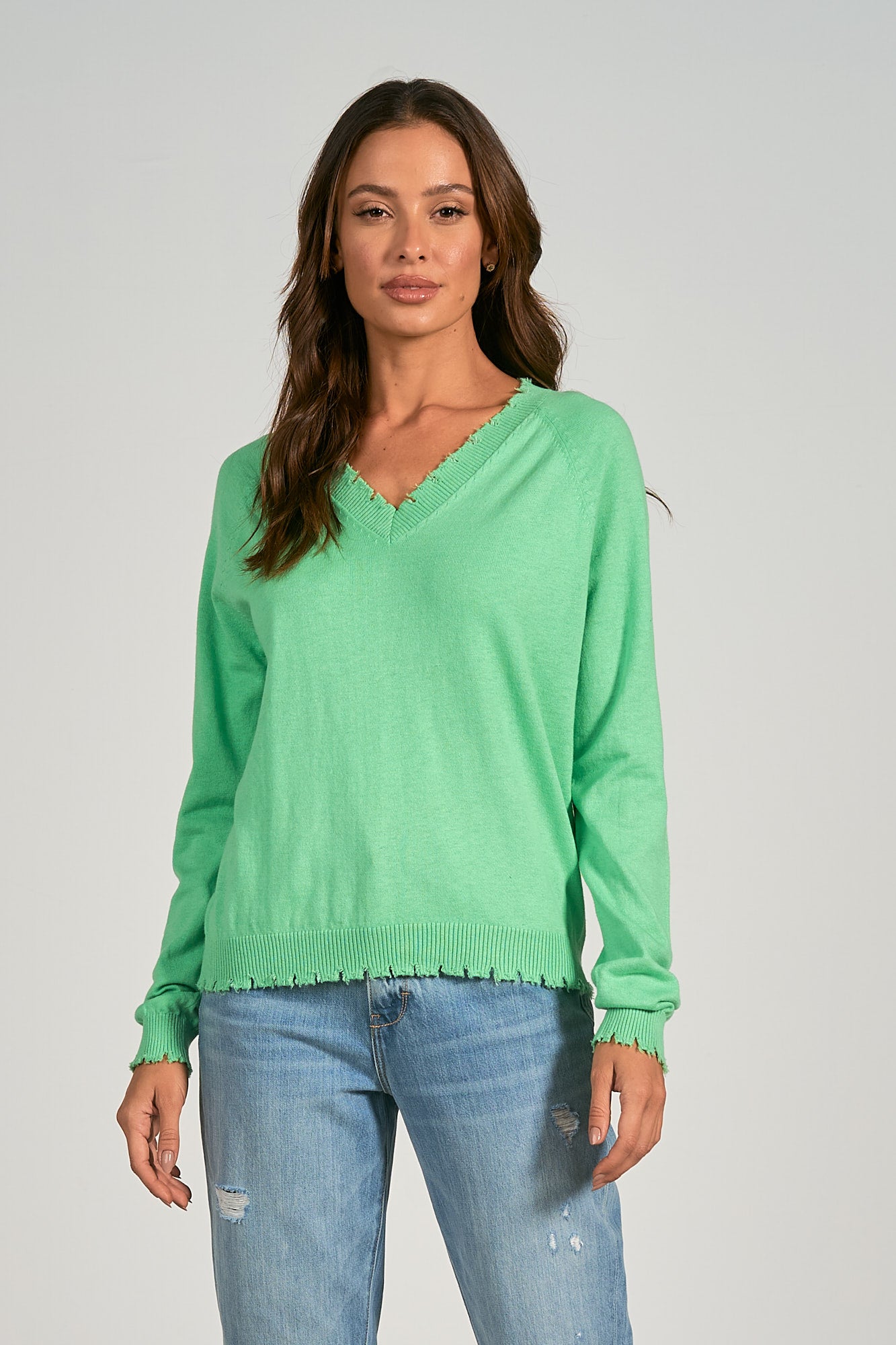 Elan Spring Green V-Neck Distressed Sweater