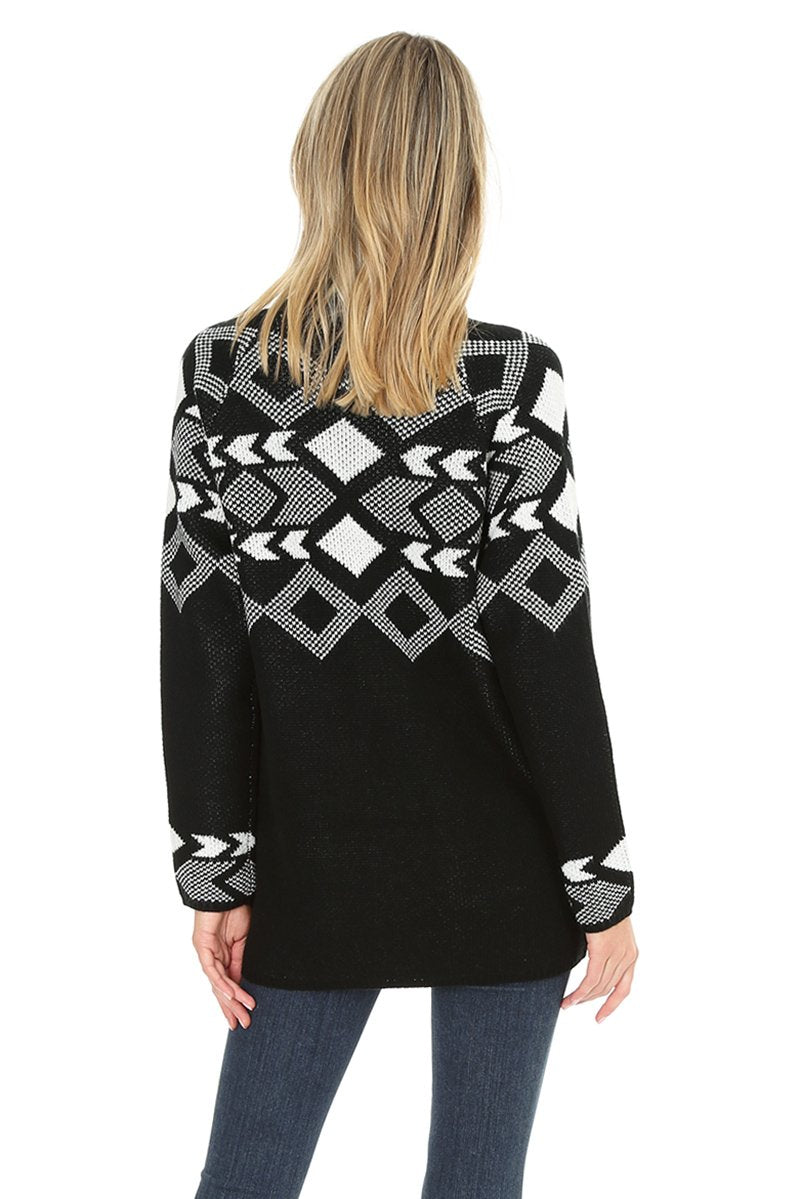 Black and White Jacquard Open Cardigan