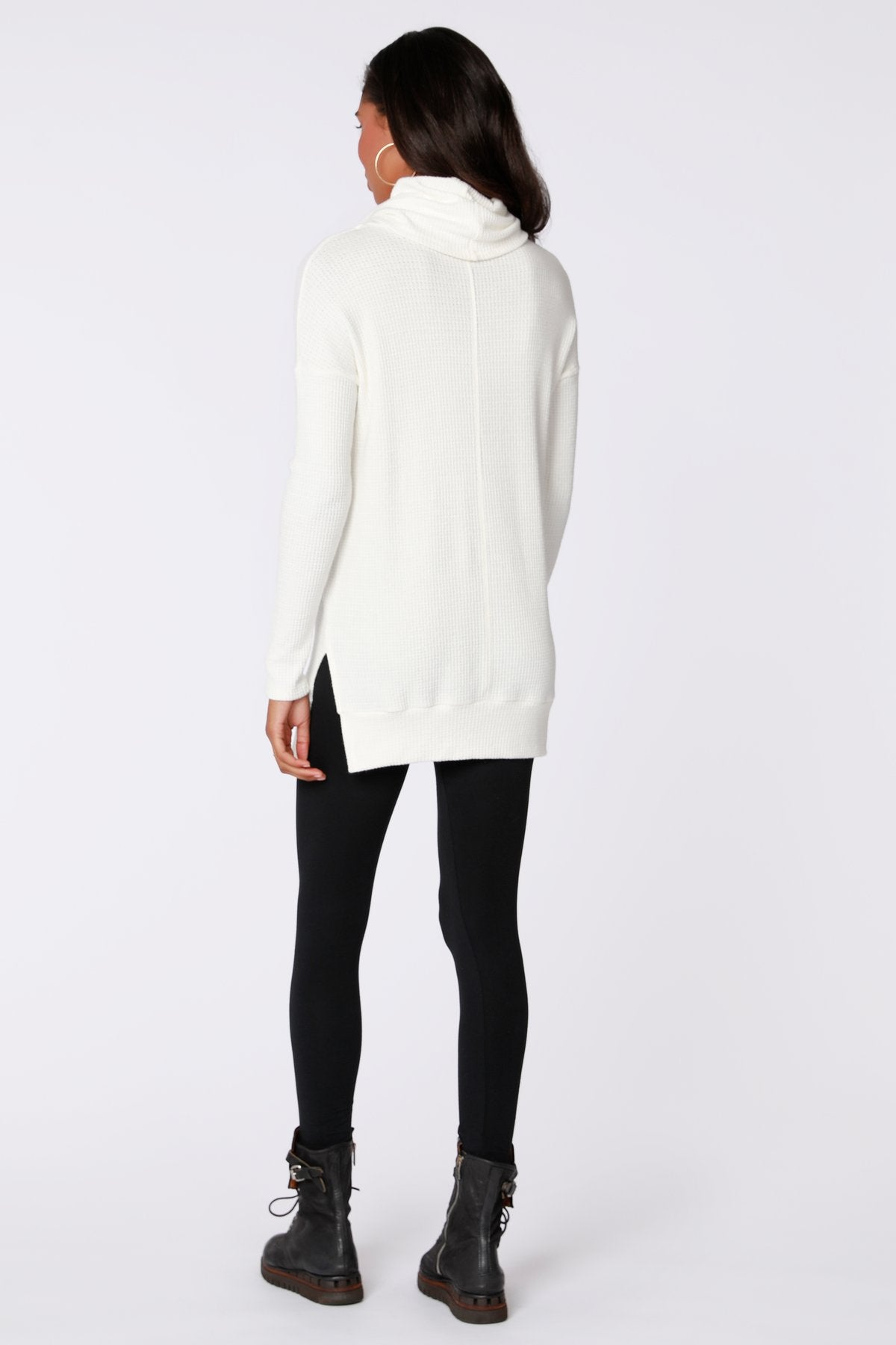 White Waffle Knit Cowl Neck Tunic Top