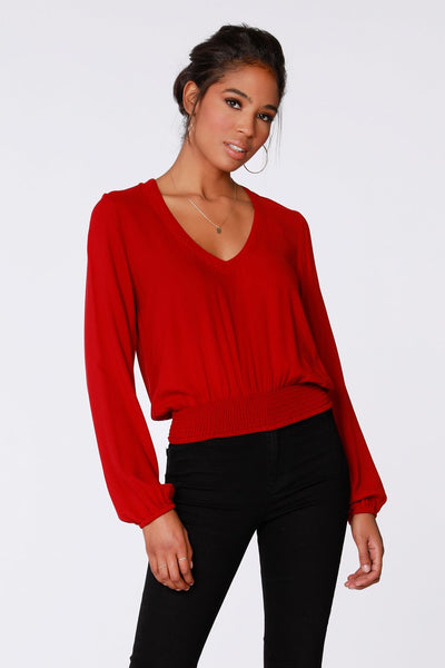 Red Long Sleeve V-Neck Smocked Waist Top