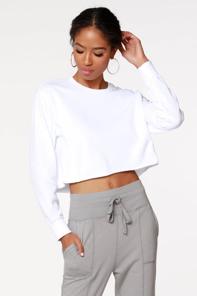 bobi White Ribbed Panel Drop Shoulder Sweatshirt