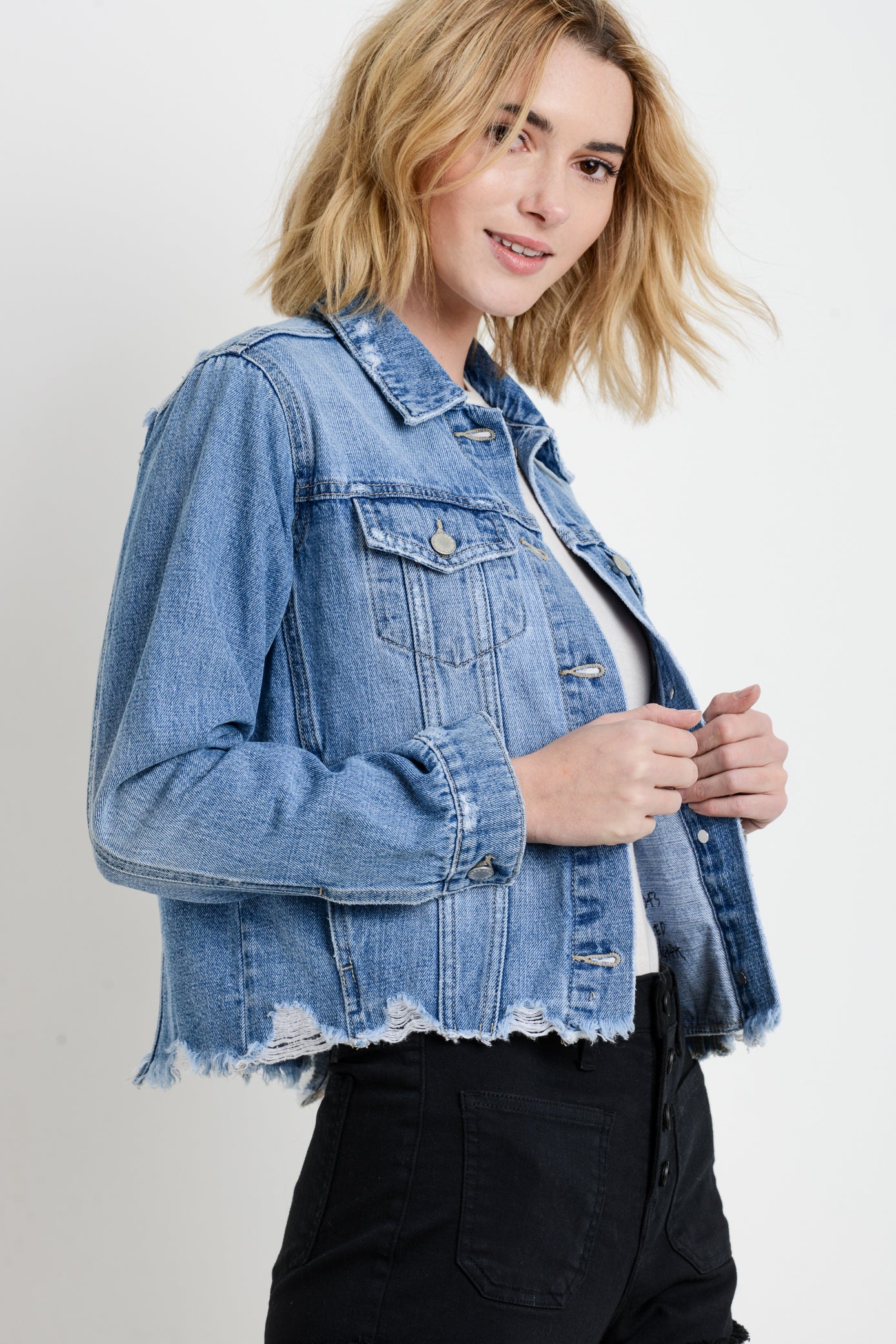 Denim Jacket with Hem Destruction