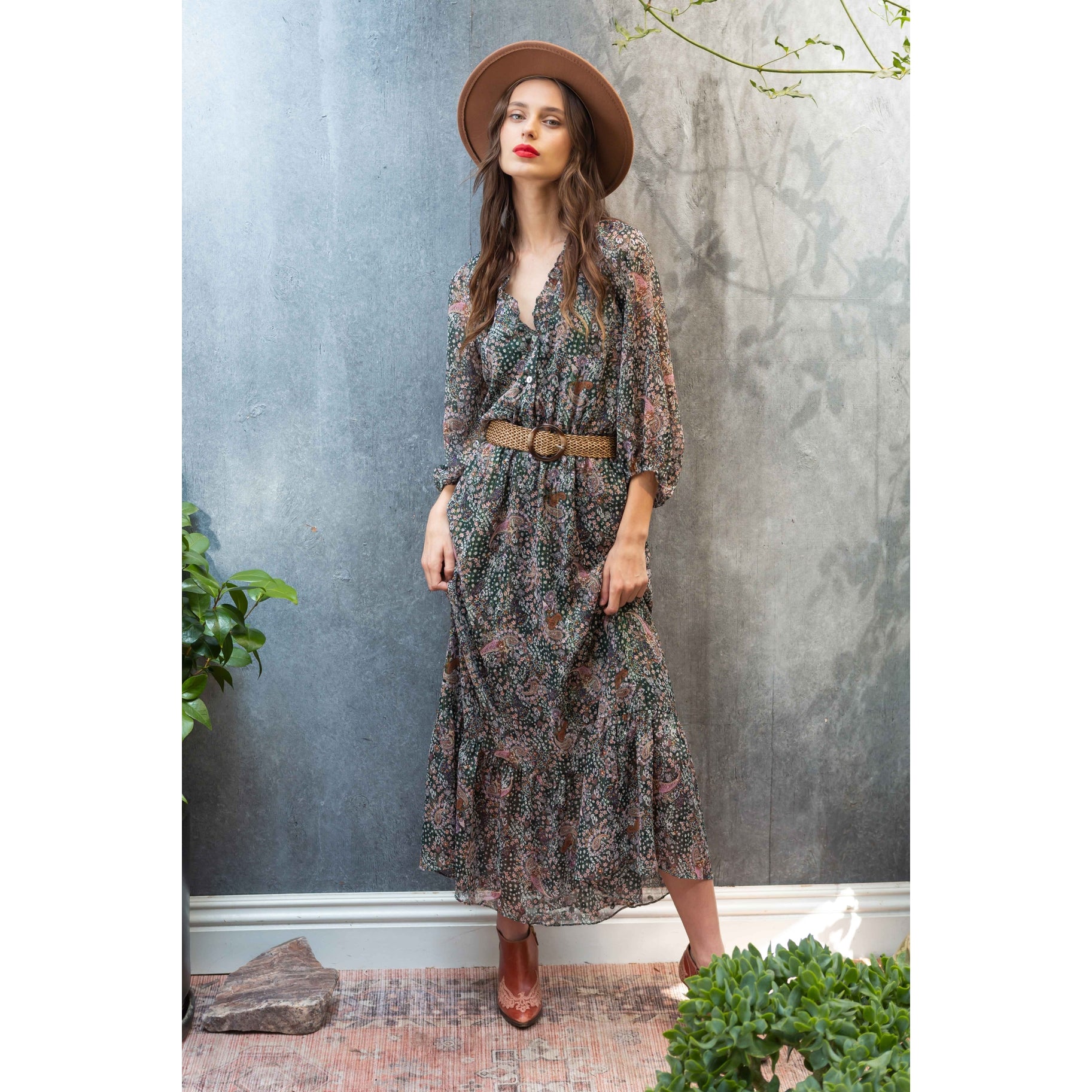 Hunter Green Floral Paisley Midi Dress