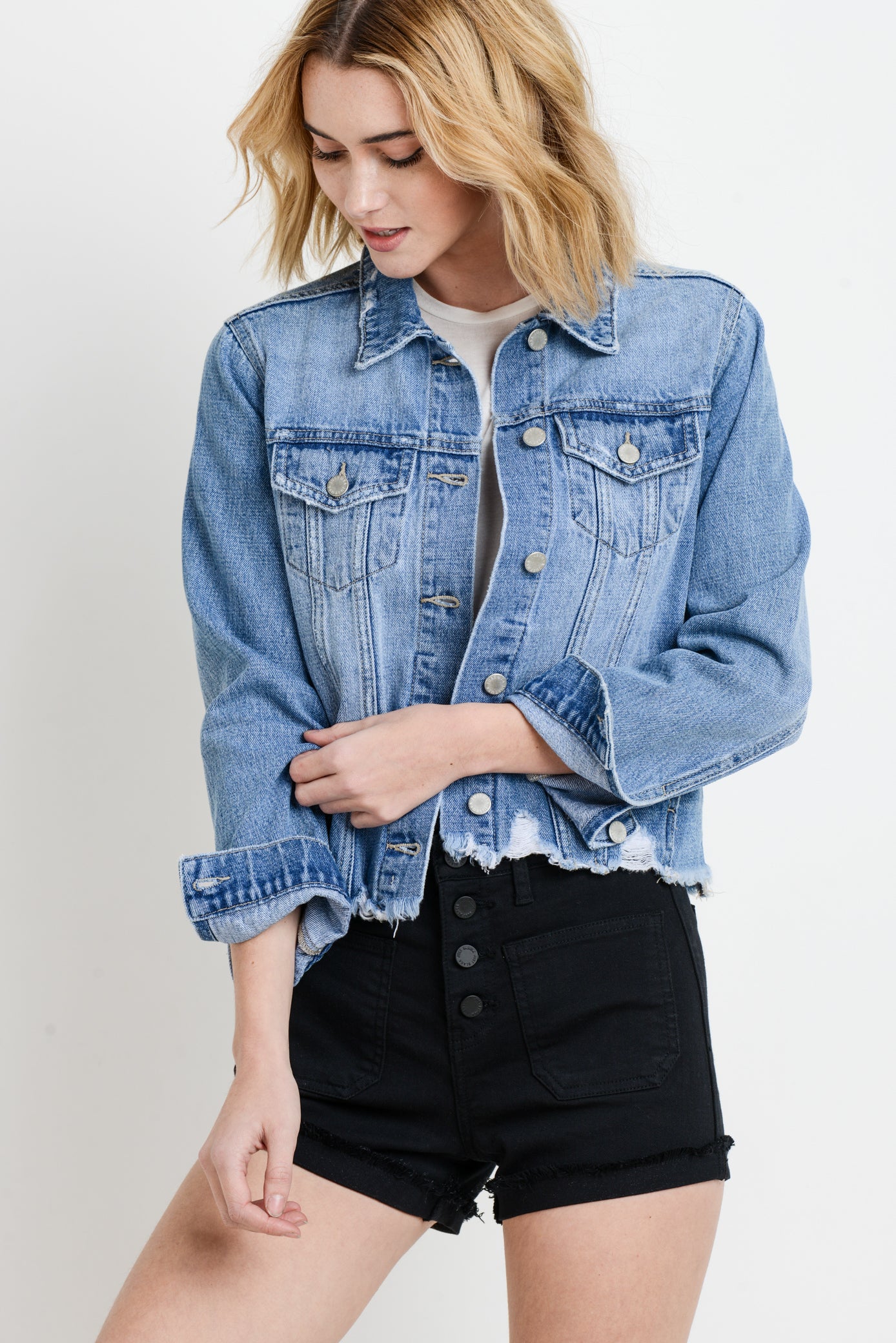 Denim Jacket with Hem Destruction