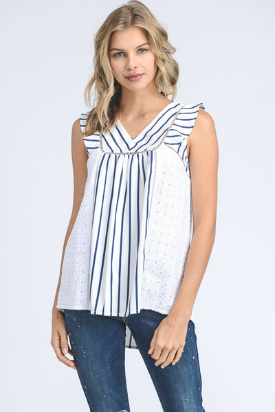 Sleeveless Striped and Embroidered Top