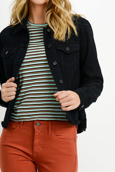 Black Cut Off Waist Denim Jacket